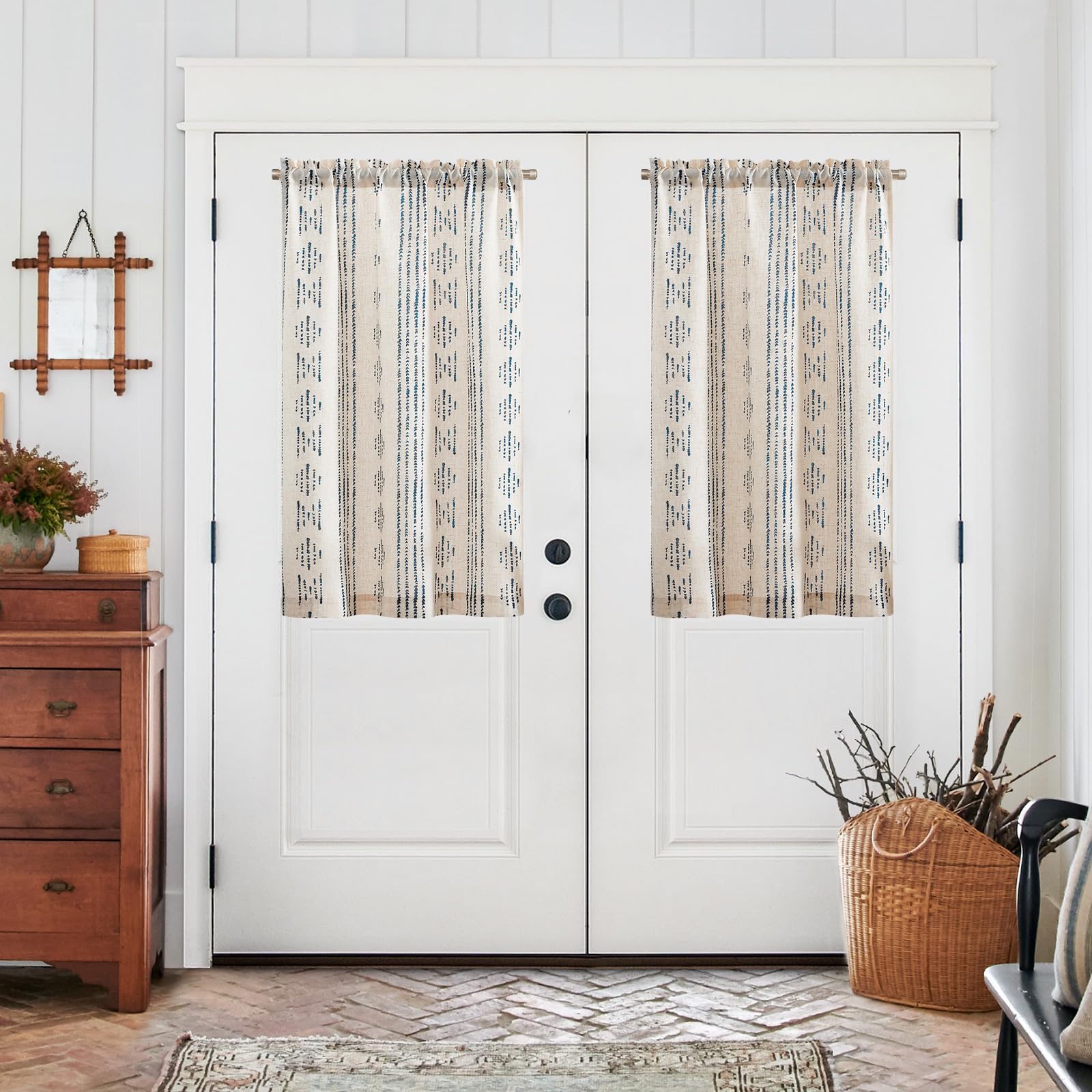 Jinchan Boho Kitchen Curtains Linen Tier Curtains 45 Inches Bohemian Small Cafe Curtains Striped Farmhouse Rustic Curtains For Bathroom Rv Camper Light Filtering Rod Pocket 2 Panels Blue On Beige